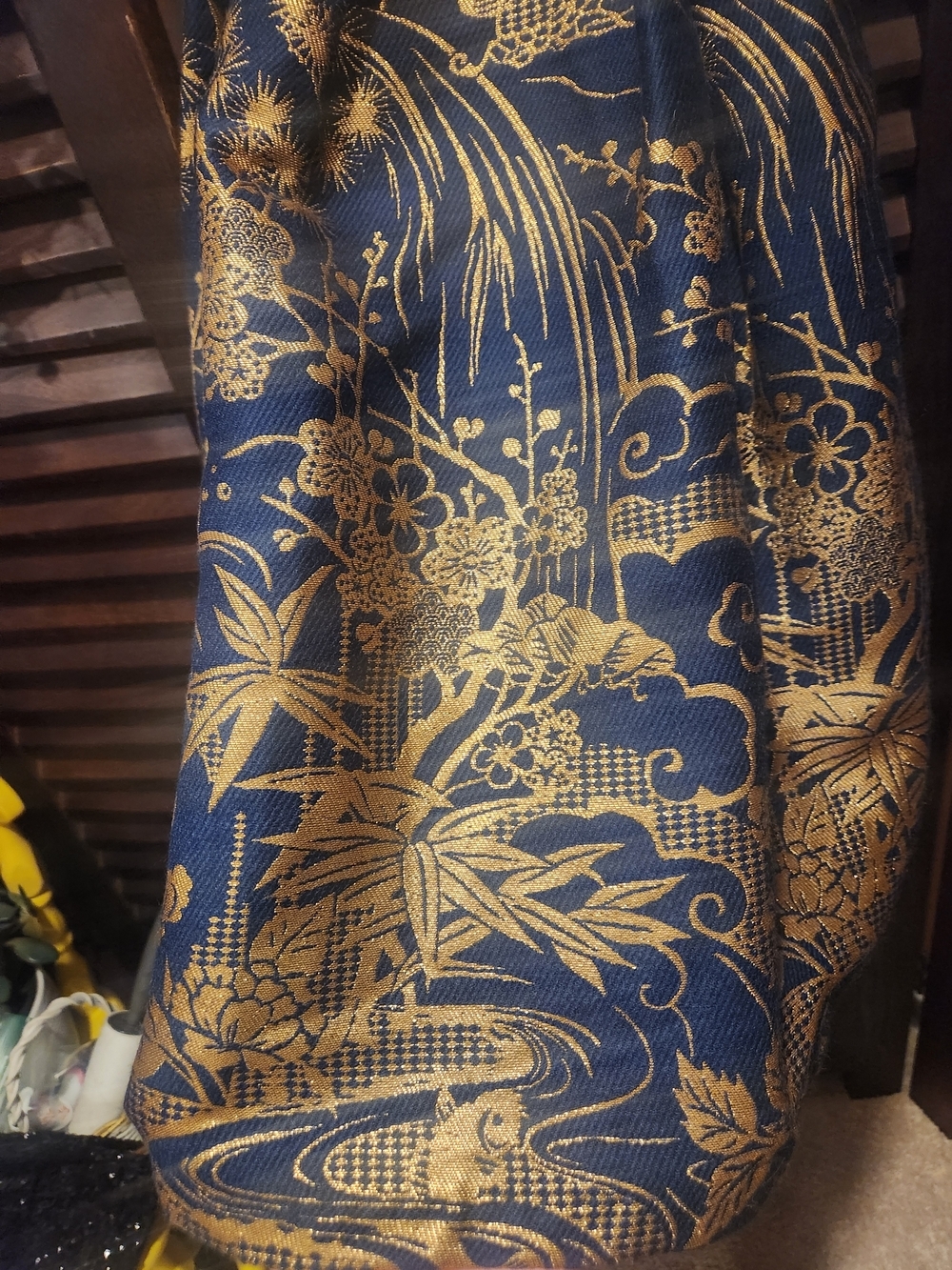 Eva Franco Gold and Navy Floral Fit-and-Flare Belted Dress - Picture 2 of 6